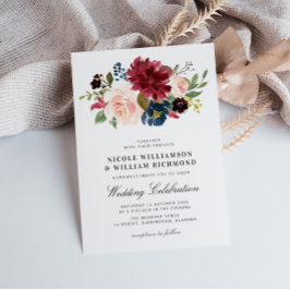 Invitación Elegante guión boda azul marino borgoñoso