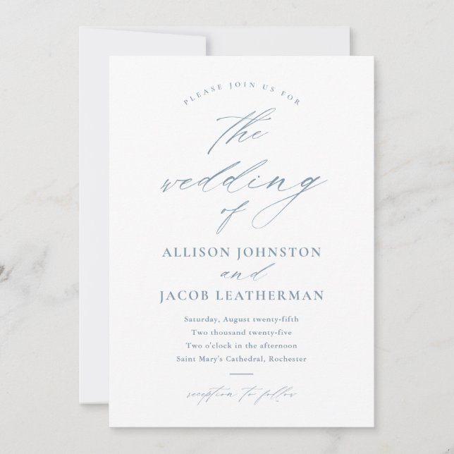 Invitación Elegante guión Boda azul turbio (Anverso)