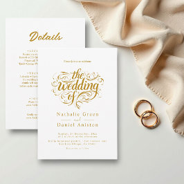 Invitación Elegante Guión Boda Clásico Blanco Y Oro
