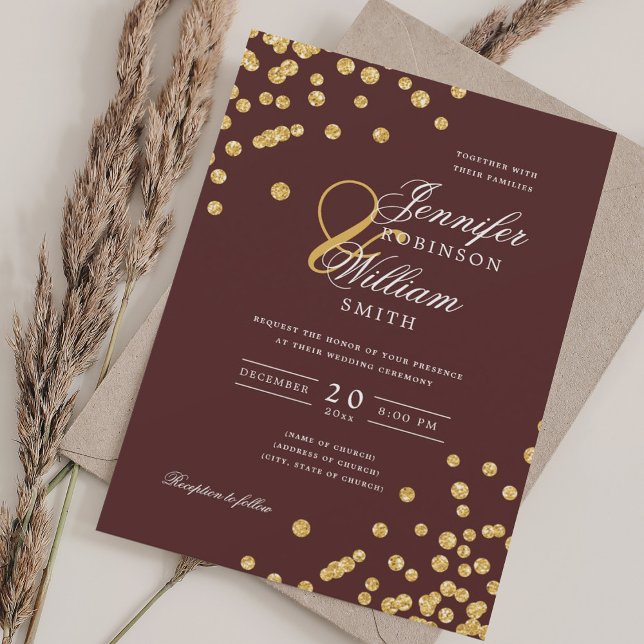Invitación Elegante guión Boda Confetti de oro Borgoña (Elegant Script Wedding Gold Confetti Burgundy Invitation)