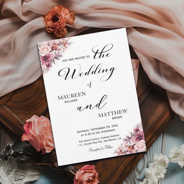 Invitación Elegante guión Boda de flores de boho rosado agita (Subido por el creador)