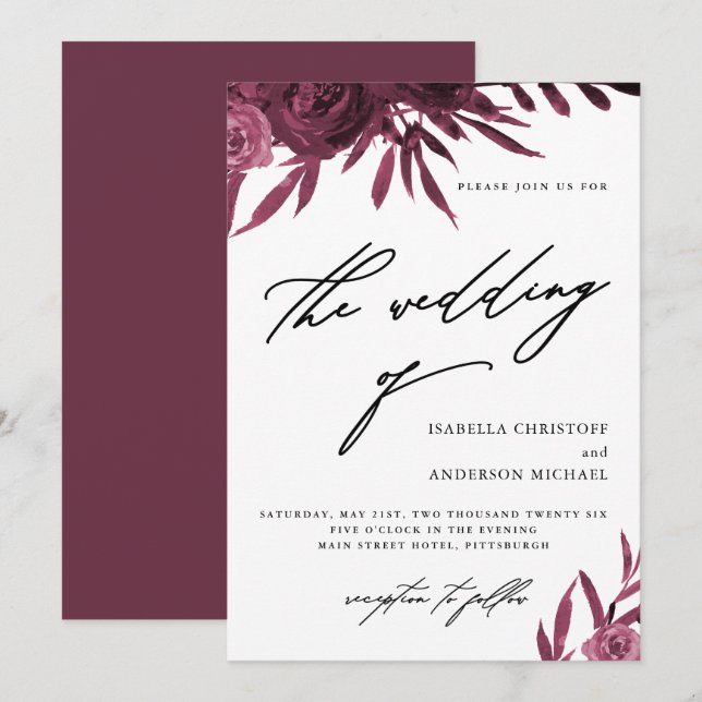 Invitación Elegante guión Boda de flores de Borgoña (Anverso / Reverso)