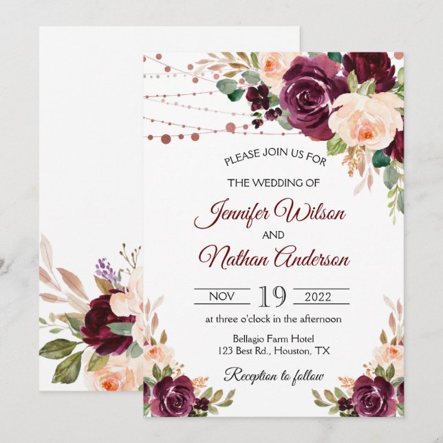 Invitación Elegante guión Boda de flores de Borgoña (Anverso / Reverso)