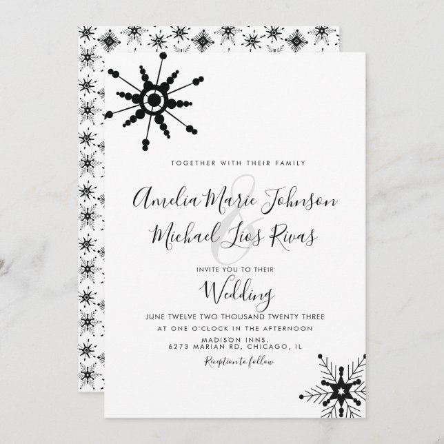 Invitación Elegante guión Boda de Navidades de copas de nieve (Anverso / Reverso)