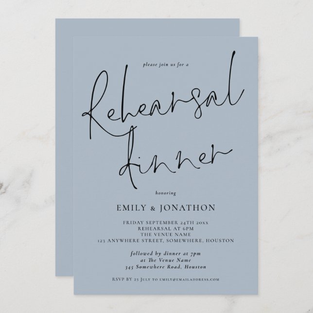 Invitación Elegante guión Boda ensayar cena Dusty Blue (Anverso / Reverso)