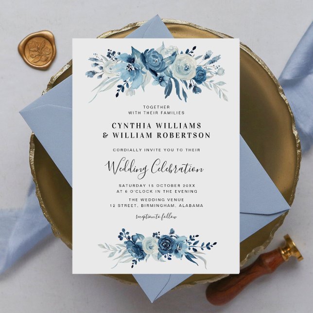 Invitación Elegante guion boda floral azul (Subido por el creador)