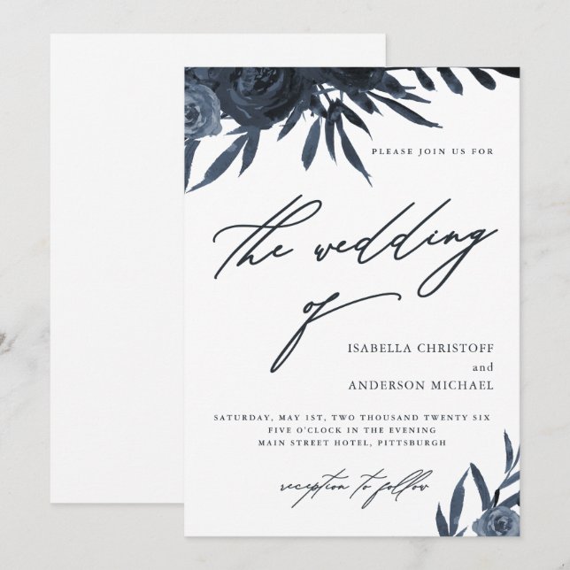 Invitación Elegante guión Boda floral azul oscuro (Anverso / Reverso)