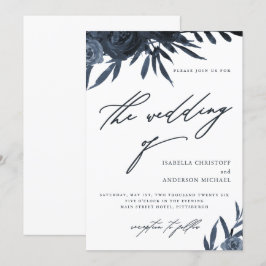 Invitación Elegante guión Boda floral azul oscuro