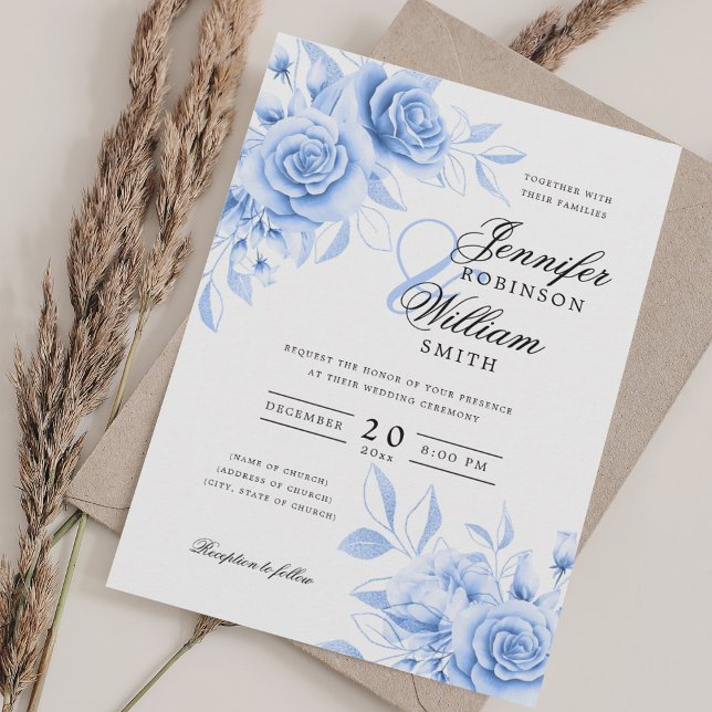 Invitación Elegante guión Boda Marina acuarela Floral (Elegant Script Wedding Navy Watercolor Floral Invitation)