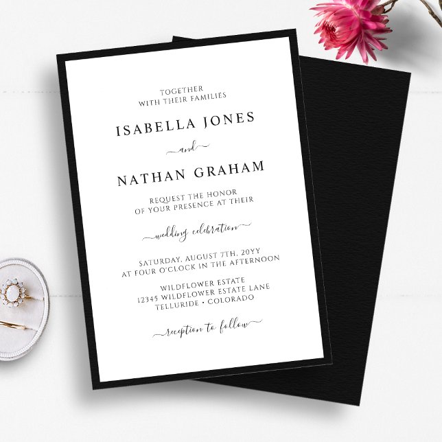 Invitación Elegante guión Boda Minimalista negro y blanco (Elegant Script Minimalist Black and White Wedding Invitation by Painted Paperie
)