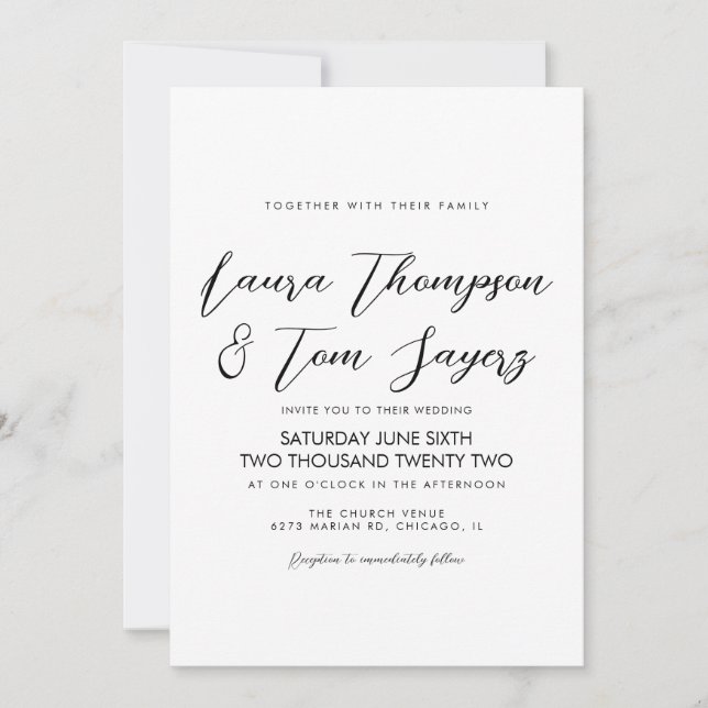 Invitación Elegante guión Boda moderno blanco negro (Anverso)