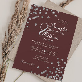 Invitación Elegante guión Boda Silver Confetti QR Borgoña