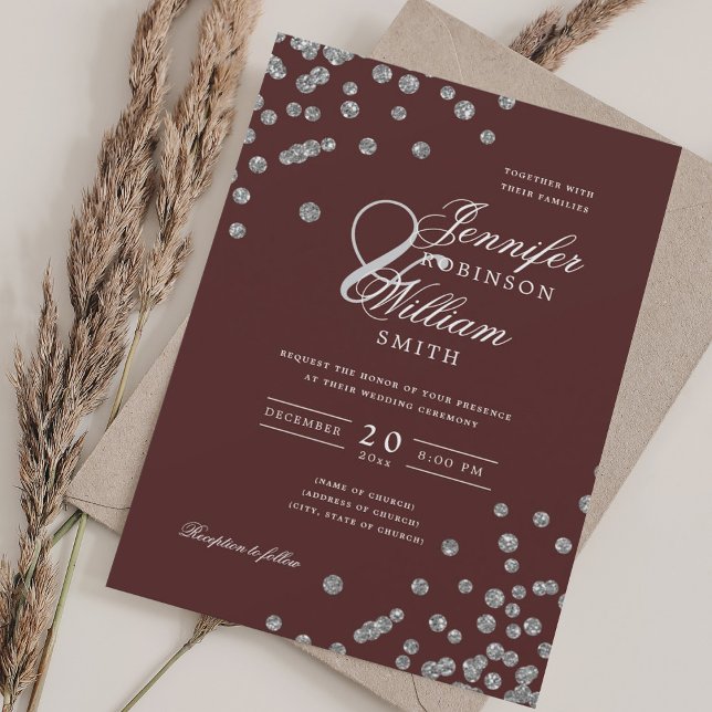 Invitación Elegante guión Boda Silver Confetti QR Borgoña (Elegant Script Wedding Silver Confetti QR Burgundy Invitation)