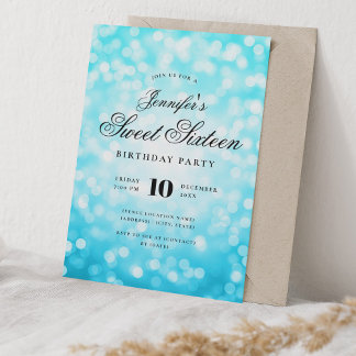 Invitación Elegante Guión Bokeh Dulce 16 Fiesta Turquesa