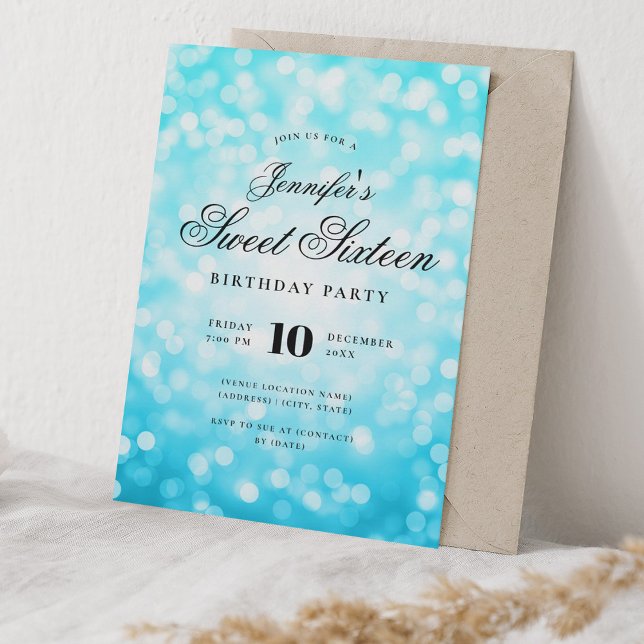Invitación Elegante Guión Bokeh Dulce 16 Fiesta Turquesa (Elegant Bokeh Script Sweet 16 Party Turquoise Invitation)