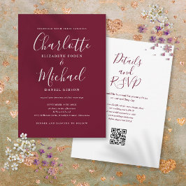 Invitación Elegante guión Borgoña Boda de código QR de vino