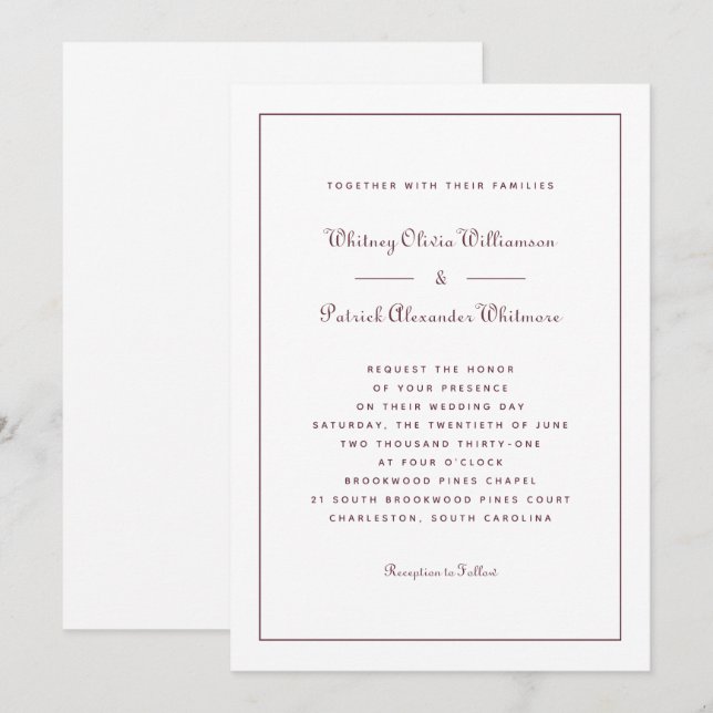 Invitación Elegante guión Borgoña Clásico Bodas Formales (Anverso / Reverso)