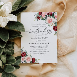 Invitación Elegante guión Borgoña Rubor Floral Neustra Boda