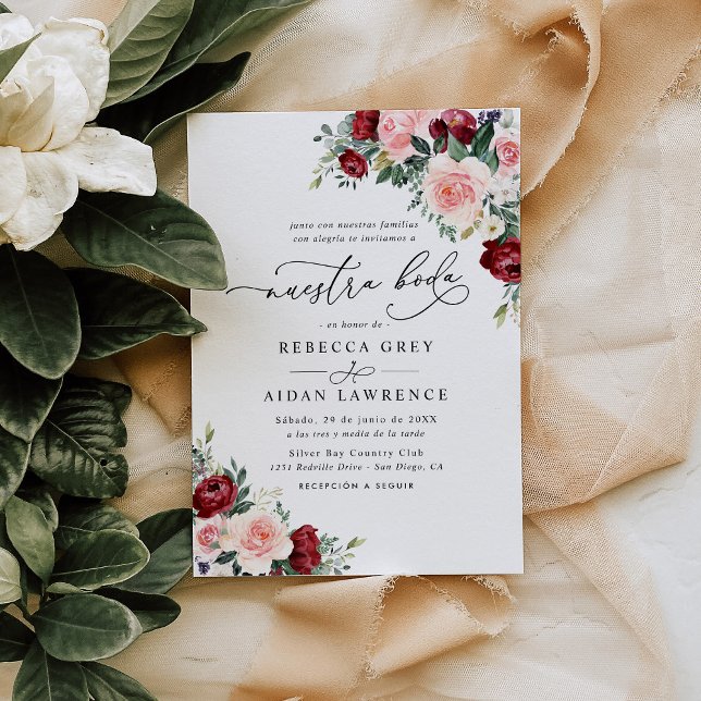 Invitación Elegante guión Borgoña Rubor Floral Neustra Boda (Subido por el creador)