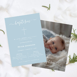 Invitación Elegante guión brillante foto de bautismo azul tur