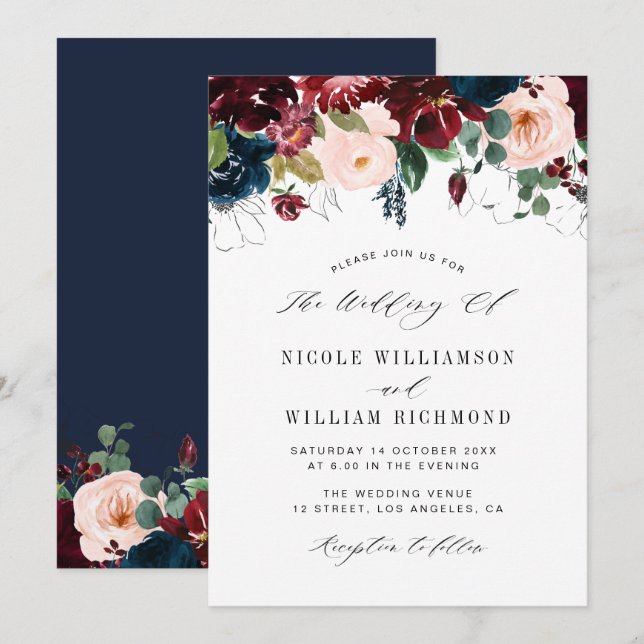 Invitación Elegante guión burgundy y boda floral azul marino (Anverso / Reverso)