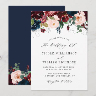 Invitación Elegante guión burgundy y boda floral azul marino