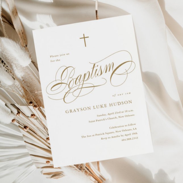 Invitación Elegante guión caligrafía bautismo neutral de oro (Subido por el creador)