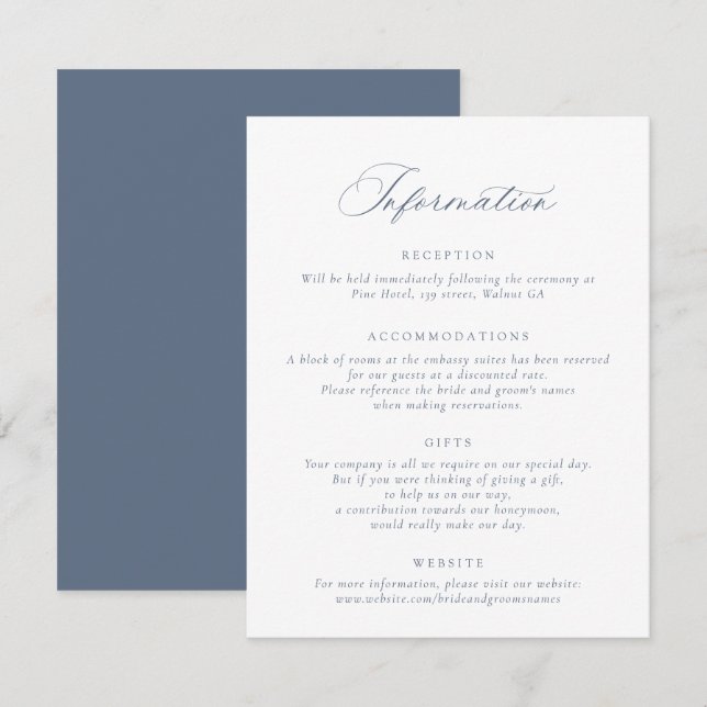 Invitación Elegante guión caligrafía Dusty Blue Boda Info (Anverso / Reverso)