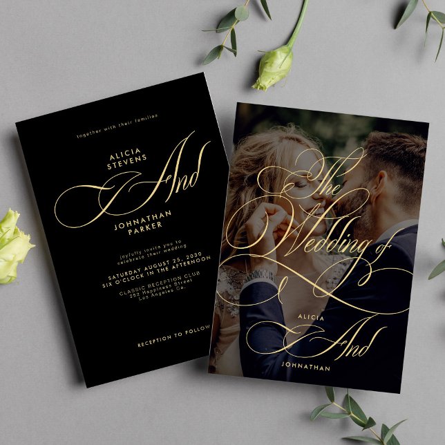 Invitación Elegante guión caligrafía foto boda negro (Subido por el creador)