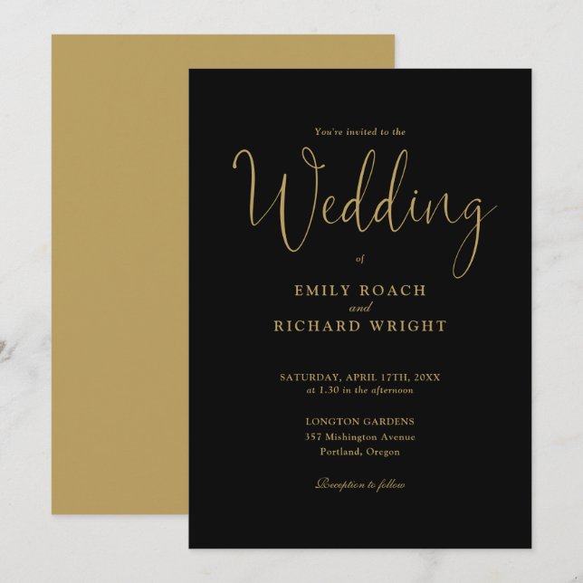 Invitación Elegante Guión Caligráfico Negro Y Boda Oro (Anverso / Reverso)