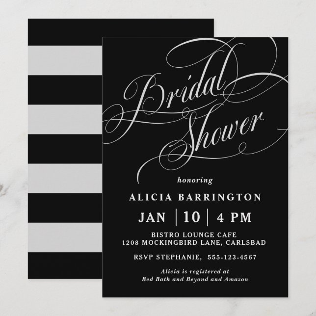 Invitación Elegante guión caligráfico sobre ducha de novia ne (Anverso / Reverso)