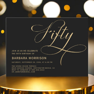 Invitación Elegante guión Cincuenta Oro Negro 50 cumpleaños