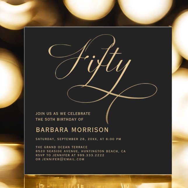 Invitación Elegante guión Cincuenta Oro Negro 50 cumpleaños (Subido por el creador)
