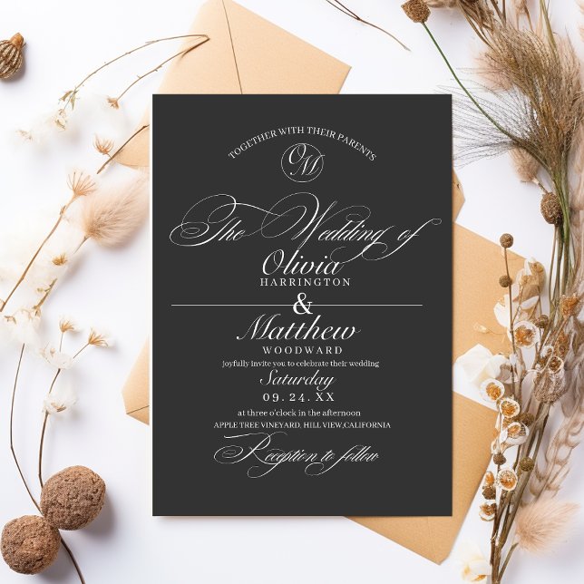 Invitación Elegante guión clásico Boda blanco y negro (Subido por el creador)