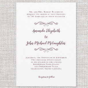 Invitación Elegante guión clásico Boda Borgoña Moda blanca