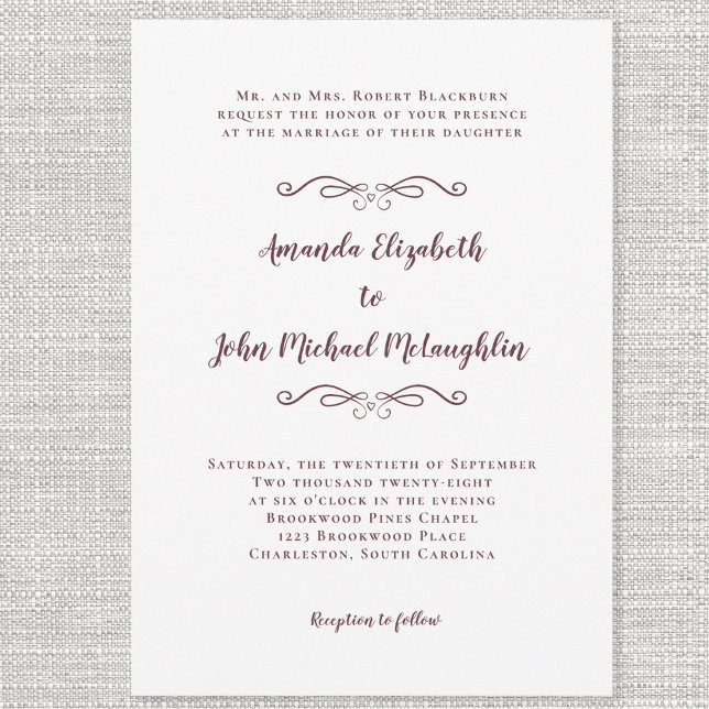 Invitación Elegante guión clásico Boda Borgoña Moda blanca (Subido por el creador)