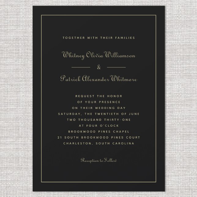 Invitación Elegante guión Clásico Oro Negro Bodas formales (Elegant Script Classic Black Gold Formal Weddings Invitation)