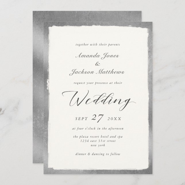 Invitación Elegante guión con Boda mínimo de borde plateado (Anverso / Reverso)