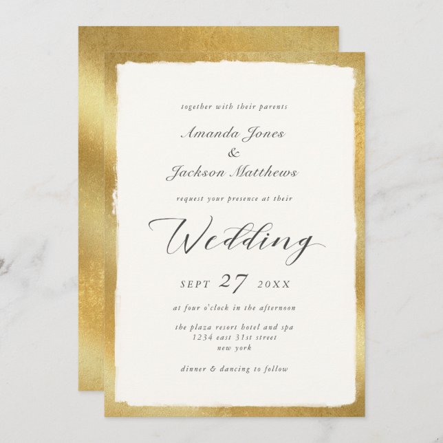 Invitación Elegante guión con Boda semiformal Gold Edge (Anverso / Reverso)