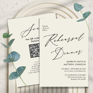 Invitación Elegante guión Crema ensayo Cena código QR