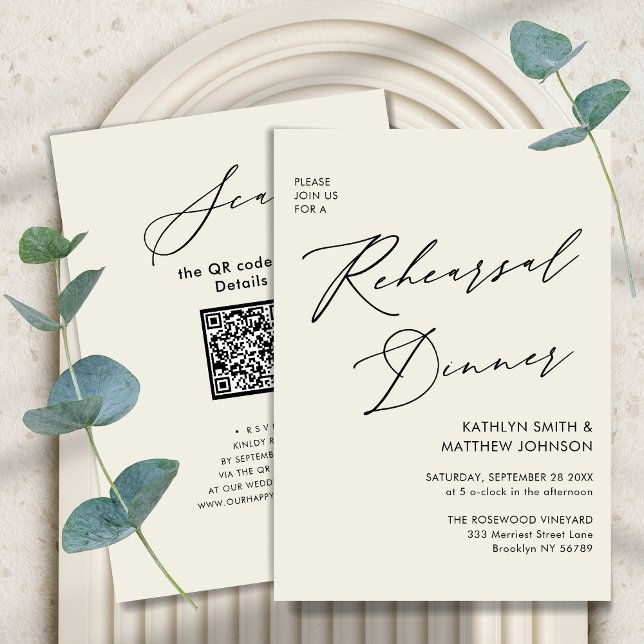 Invitación Elegante guión Crema ensayo Cena código QR (Subido por el creador)