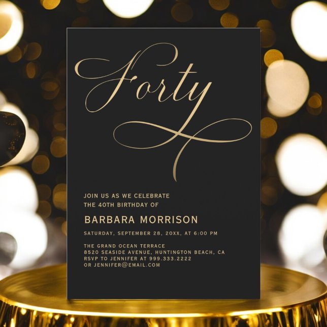 Invitación Elegante guión Cuarenta Oro Negro 40 cumpleaños (Subido por el creador)