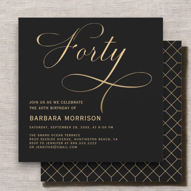Invitación Elegante guión Cuarenta Oro Negro 40 cumpleaños (Subido por el creador)
