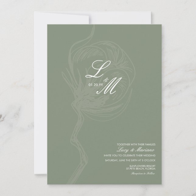 Invitación Elegante guion de algodón con flores monogramadas  (Anverso)