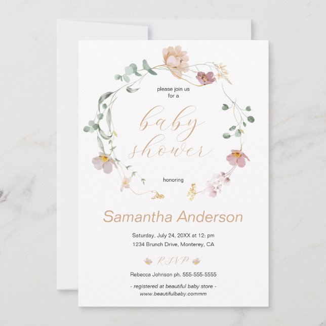 Invitación Elegante guión de Baby Shower para flores silvestr (Anverso)
