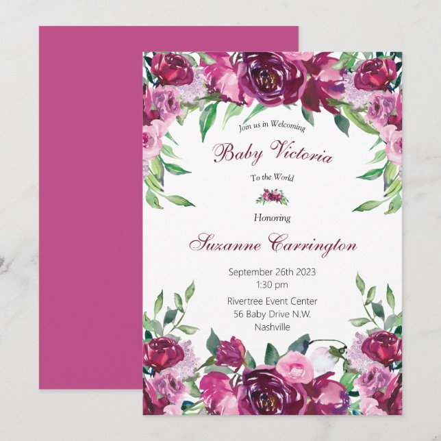Invitación Elegante guion de bebé con flores rosadas (Anverso / Reverso)