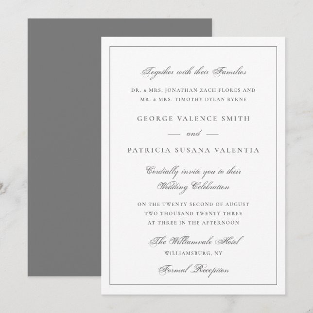 Invitación Elegante guion de boda con borde gris (Anverso / Reverso)