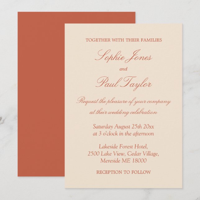 Invitación Elegante guión de boda de terracota (Anverso / Reverso)