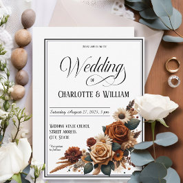 Invitación Elegante guión de boda marrón blanco floral