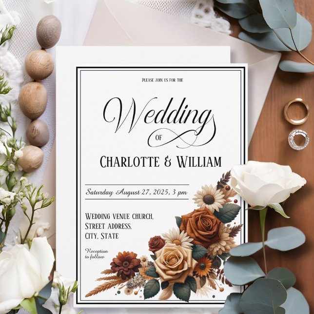 Invitación Elegante guión de boda marrón blanco floral (Subido por el creador)